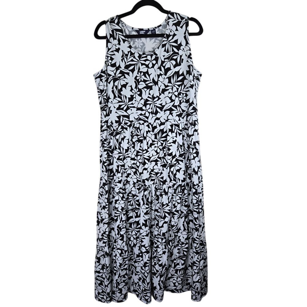Lands' End Black & White Floral Tiered Midi Dress